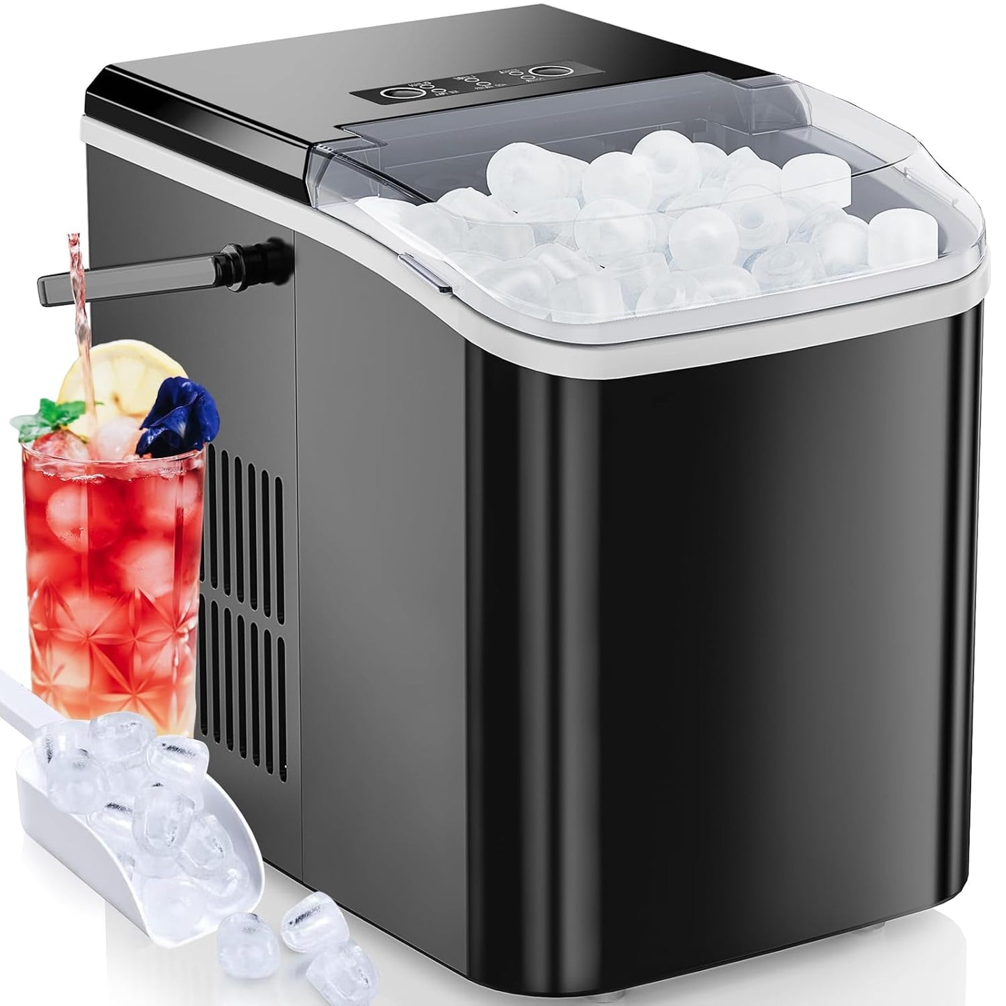 SNOWMAN Ice Maker, Portable Ice Machine Self-Cleaning, 9 Cubes in 6 Mins, 26.5Lbs/24H, 2 Sizes of Bullet Ice, Ice Scoop, Basket & Handle, Ice Cube Maker for Home Kitchen Party,1.5 L, Black