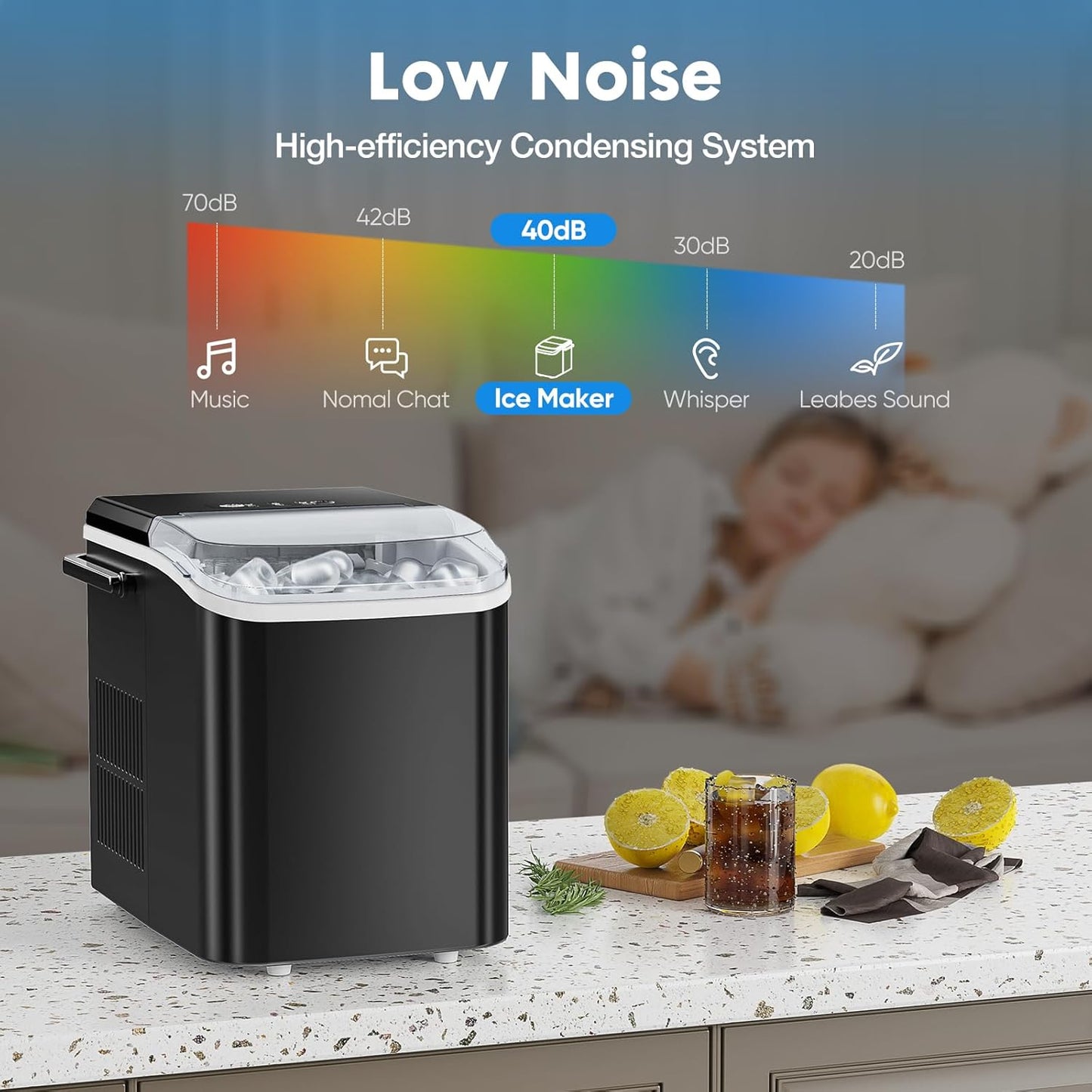SNOWMAN Ice Maker, Portable Ice Machine Self-Cleaning, 9 Cubes in 6 Mins, 26.5Lbs/24H, 2 Sizes of Bullet Ice, Ice Scoop, Basket & Handle, Ice Cube Maker for Home Kitchen Party,1.5 L, Black